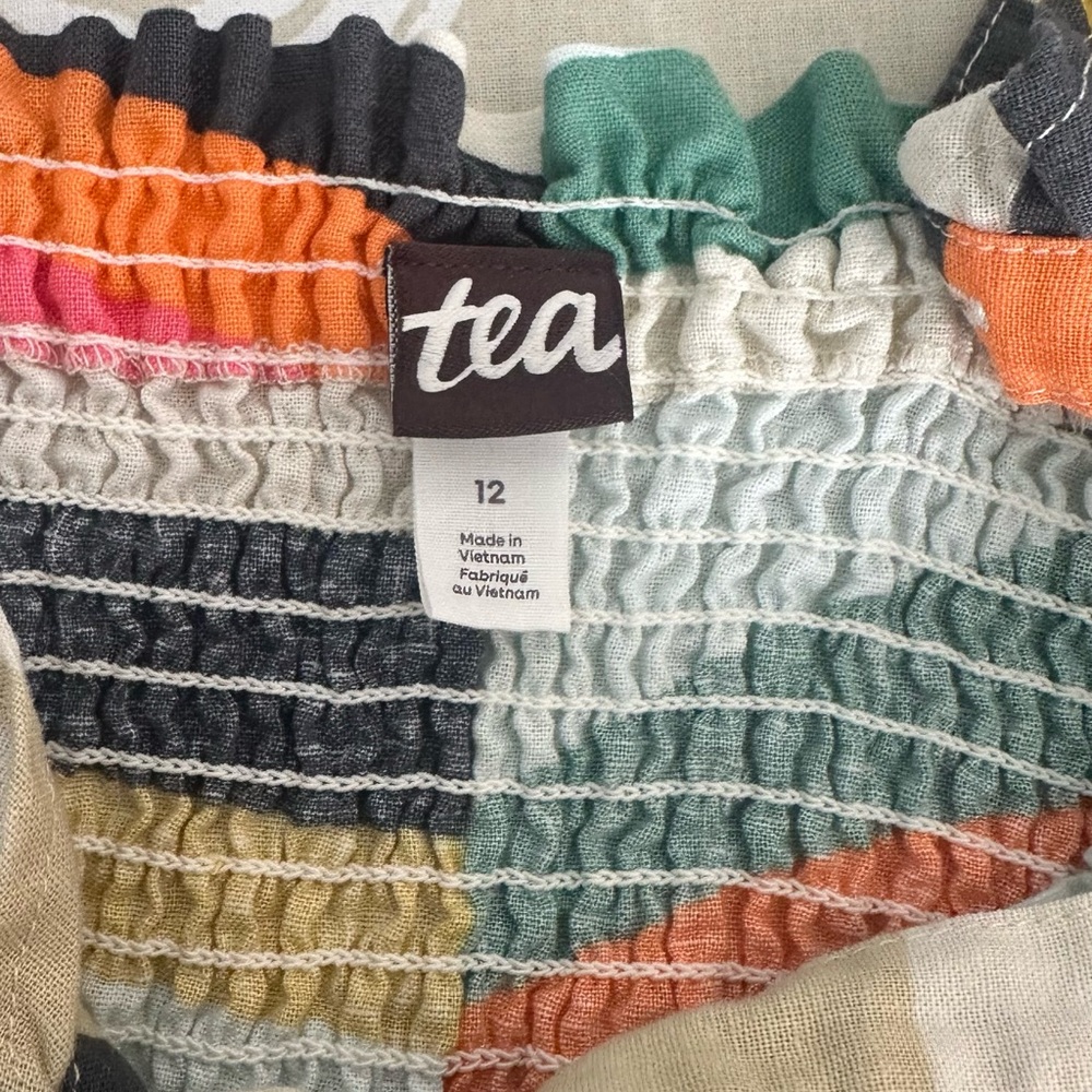 Tea Collection Tie Shoulder Smocked Chevron Linen Blend Dress Girls Size 12 - Picture 2 of 3
